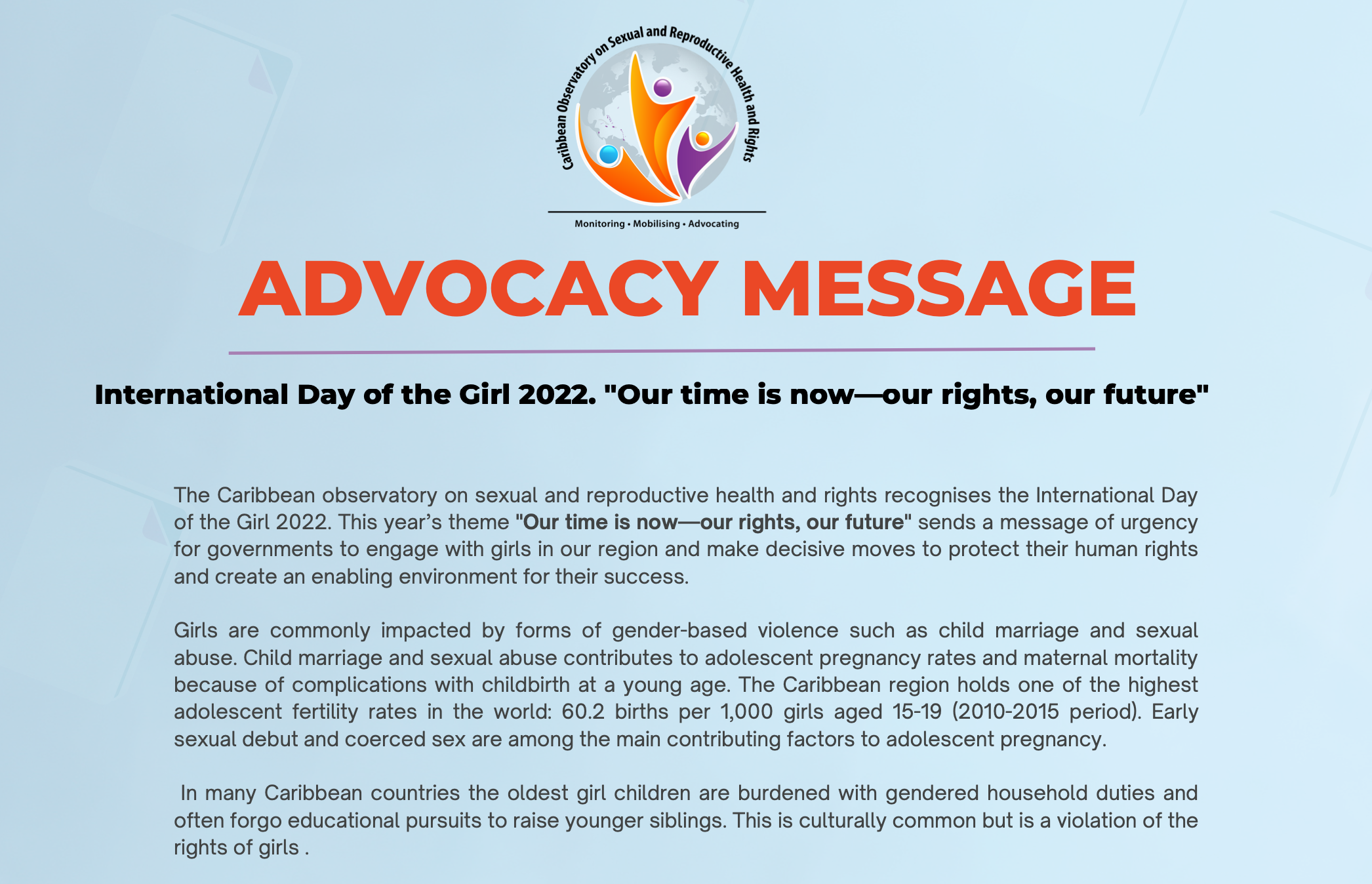 International Day of the Girl 2022. “Our time is nowâ€”our rights, our future”
